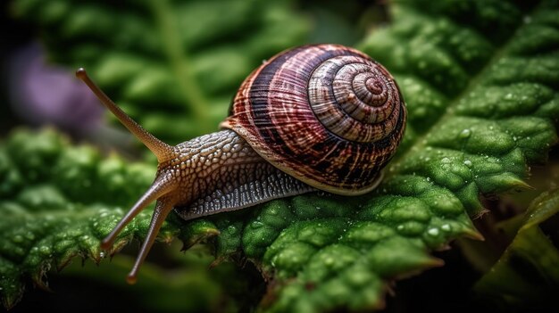 Si vede una lumaca su una foglia verde.