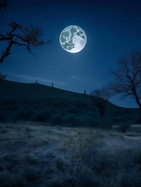 si vede una luna piena su un campo con un albero in primo piano