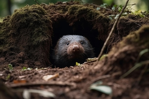 Si vede una talpa in un buco nel terreno.