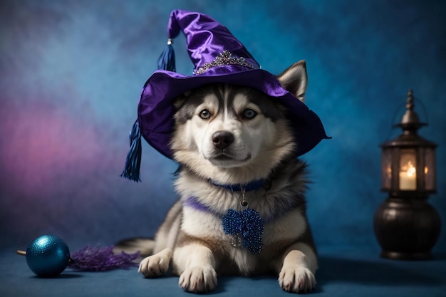 Siberian Spellbinder Cute Dog in cappello da strega e decorazione per Halloween