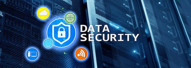 Sicurezza dei dati prevenzione della criminalità informatica Protezione delle informazioni digitali Icone di blocco e sfondo della sala server