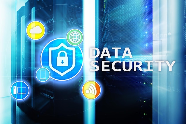 Sicurezza dei dati prevenzione della criminalità informatica Protezione delle informazioni digitali Icone di blocco e sfondo della sala server