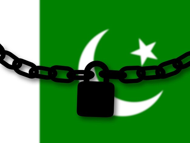 Sicurezza del Pakistan Silhouette di una catena e un lucchetto sopra la bandiera nazionale