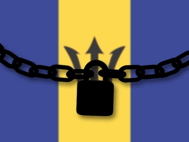 Sicurezza delle Barbados Silhouette di una catena e un lucchetto sopra la bandiera nazionale