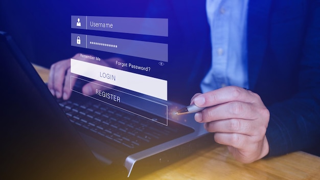 Sicurezza informatica e concetto di accesso online con password di sicurezza Mani che digitano e inseriscono nome utente e password di accesso ai social media con hacker di protezione dei dati del conto bancario online