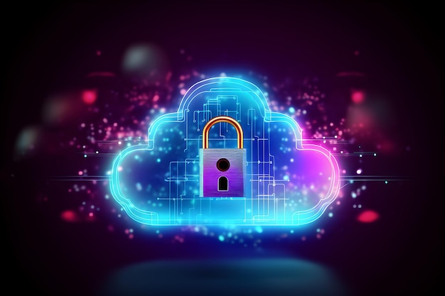 Sicurezza informatica e concetto di tecnologia cloud Blocco digitale sul cloud computing con networking nell'illuminazione al neon Protezione dei dati e servizio Internet nella tecnologia futuristica IA generativa