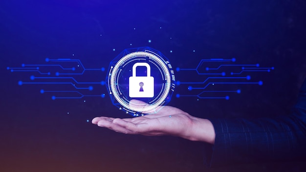 Sicurezza informatica e protezione dei dati online su Internet Tecnologia Internet Sicurezza digitale e di rete Concetto di tocco a mano premendo l'icona del sistema di blocco virtuale sullo smartphone