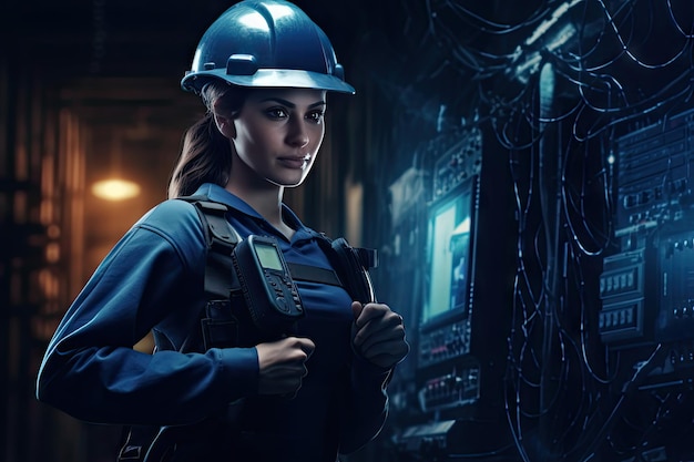 sicurezza informatica industriale con una donna sicura che indossa un casco