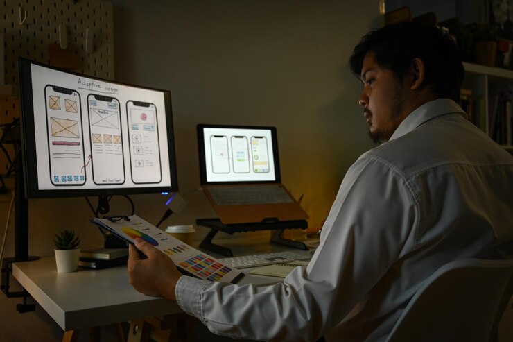 Photo side view male developer working with template layout for mobile application in dark office