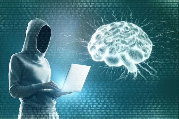 side view of hacker using laptop with glowing brain hologram hacking and artificial intelligence concept 3d rendering