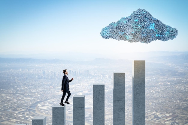 Side view of man on concrete chart bars under abstract digital cloud with programming language on bright sky background Digital storage financial growth database network and technology concept