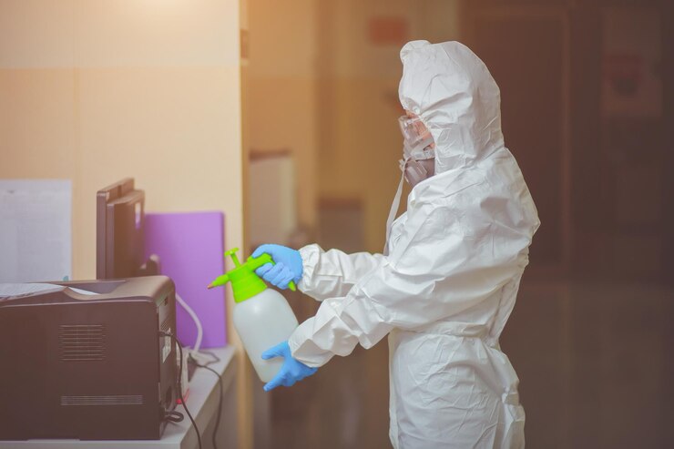 Photo side view of woman wearing protective suit spraying disinfectant indoors
