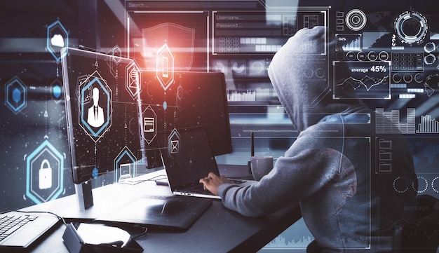 side view of young hacker with digital business interface in blurry interior hacking and criminal concept double exposure