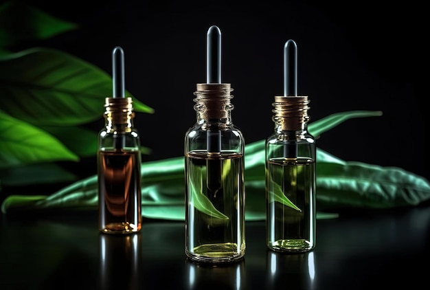 Siero cosmetico in bottiglie di vetro con una pipetta su sfondo scuro con foglie verdi