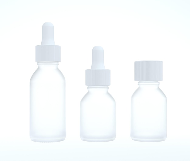 Siero viso olio bianco vetro smerigliato tre diverse bottiglie set design pronto mockup rendering 3D