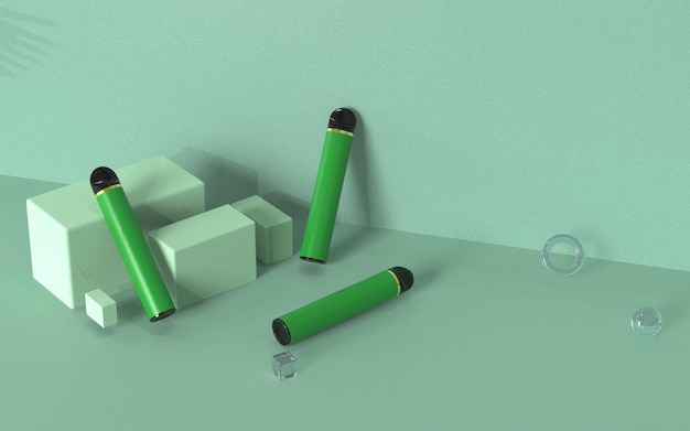 Sigaretta elettronica usa e getta verde vape verde chiaro ornamento cubo galleggiante sfondo semplice