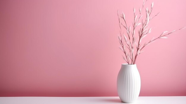 Sigilli di pelliccia di salice Verba in un vaso su uno sfondo a parete rosa e su uno scaffale bianco Decorazione luminosa della casa Giorno di San Valentino Pasqua Giorno delle Madri Sfondi