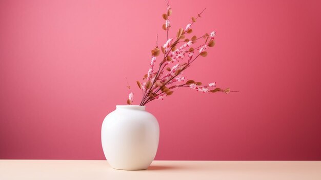 Sigilli di pelliccia di salice Verba in un vaso su uno sfondo a parete rosa e su uno scaffale bianco Decorazione luminosa della casa Giorno di San Valentino Pasqua Giorno delle Madri Sfondi