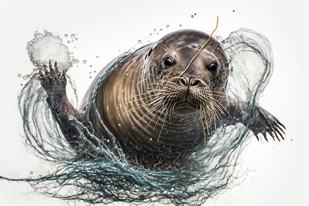 sigillo bloccato in plastica e rete marina, salva il concetto di oceano, sigillo bloccato nella spazzatura marina