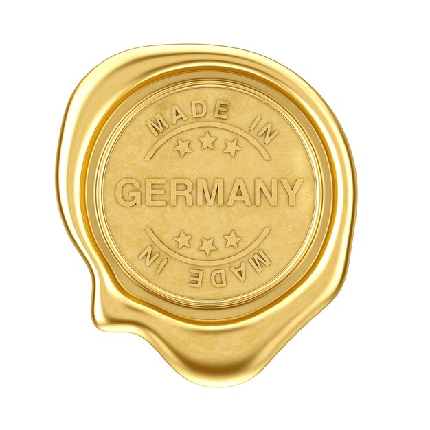 Sigillo di cera d'oro con Made In Germany segno su uno sfondo bianco. Rendering 3D