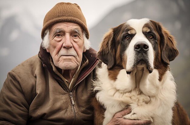 Signor anziano con un grande cane marrone e bianco