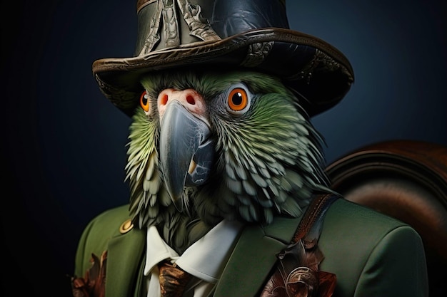 Signor pappagallo verde gentiluomo con cappello da capo e scienziato Banner di intestazione con copia di spazio AI