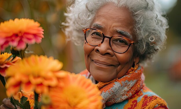 Signora anziana allegra con fiori colorati