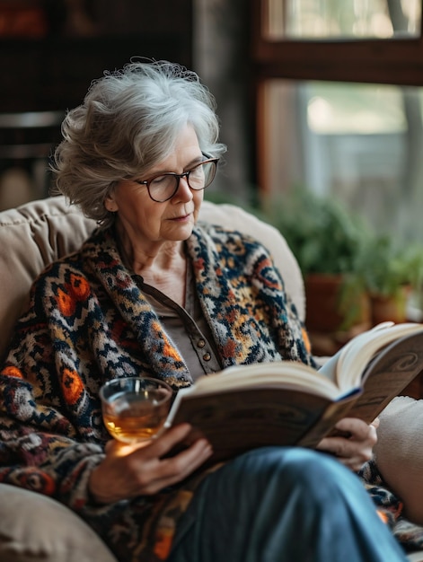 Signora anziana che si gode una bevanda mentre legge un libro nella sua residenza