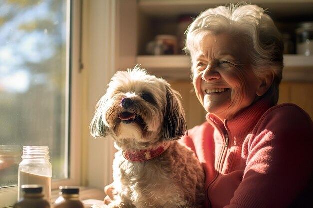 Signora anziana con un sorriso radioso, le braccia avvolte attorno al suo vivace shih tzu