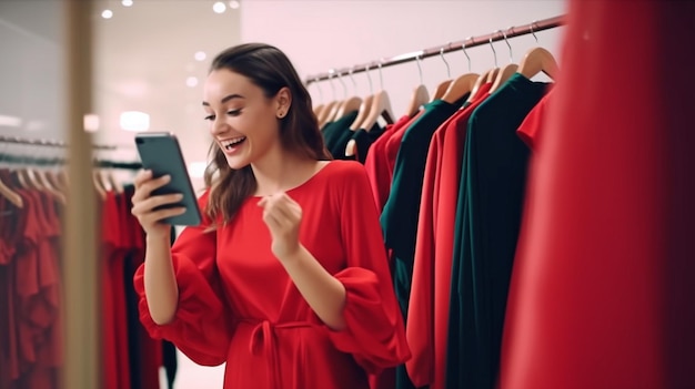 Signora con in mano un vestito rosso e fissando il display dell'iPhone con un appendiabiti che prova nuovi oggetti IA generativa