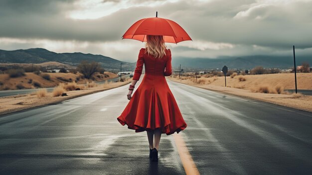 Signora in cappotto rosso che cammina sulla strada sotto la pioggia