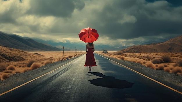 Signora in cappotto rosso che cammina sulla strada sotto la pioggia