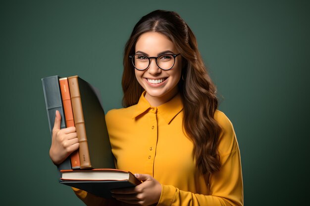 signora studentessa in occhiali tiene libri e mostra ok segno colore studio isolato adobestockistock wi