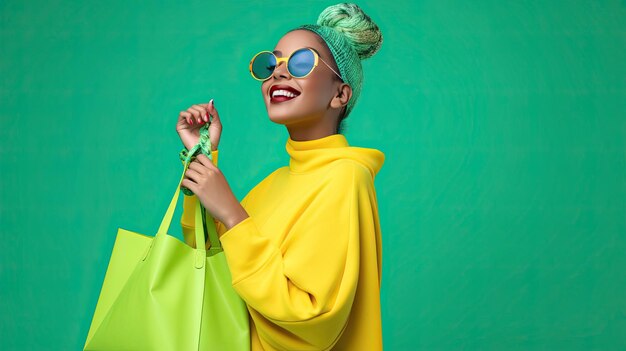 Signora vibrante con la borsa della spesa verde