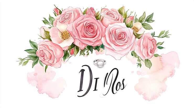 Foto signore e signora del matrimonio, bouquet di rose con anelli, toni rosa pastello, acquerello, testo.