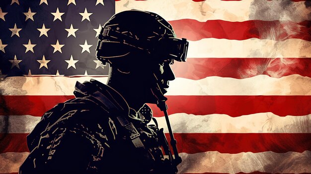 Sihouette di un soldato statunitense con la bandiera nazionale degli Stati Uniti sullo sfondo della Giornata dei Veterani