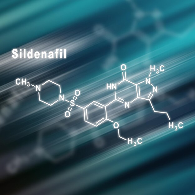 Sildenafil disfunzione erettile farmaco molecola Formula chimica strutturale sfondo futuristico