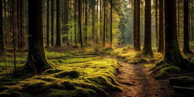 Silent Forest in primavera con splendidi raggi solari luminosi IA generativa