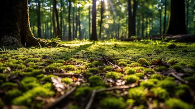 Silent Forest in primavera con splendidi raggi solari luminosi IA generativa