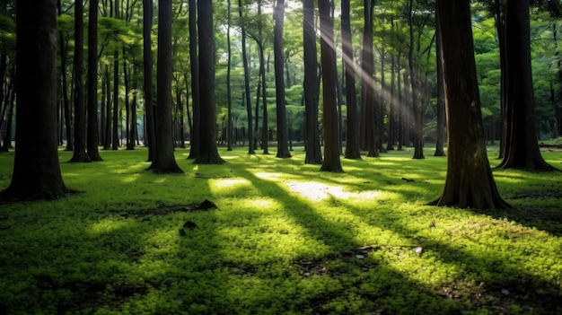 Silent Forest in primavera con splendidi raggi solari luminosi IA generativa