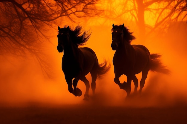 Silhouette AI generativa di due cavalli Haflinger al galoppo in un'atmosfera arancione e fumosa sullo sfondo