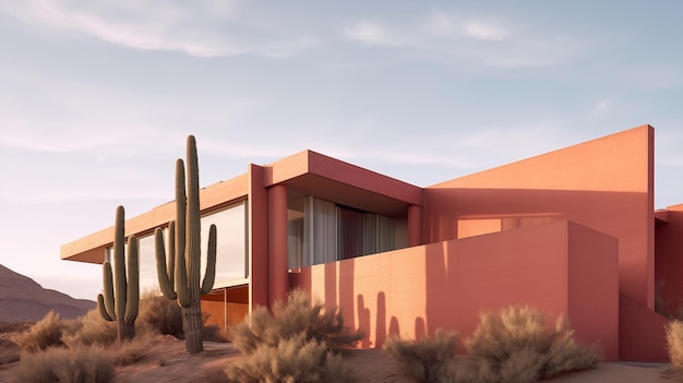 Silhouette al tramonto casa moderna nel deserto in mezzo ai cactus generativi ai