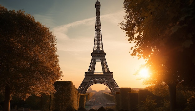 Silhouette al tramonto della famosa architettura nel paesaggio urbano che simboleggia la storia e la bellezza generate dall'IA