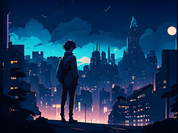 silhouette anime paesaggio urbano nella notte