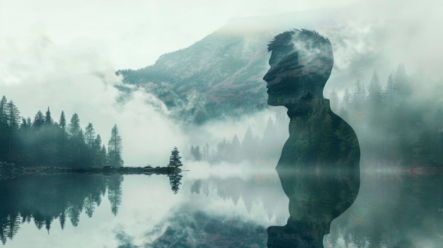 Silhouette artistica contenente un lago sereno e un concetto introspettivo della foresta