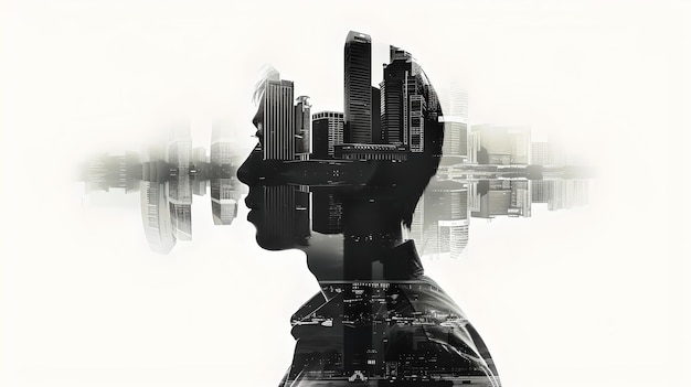 Silhouette astratta di una testa umana con riflessione del paesaggio cittadino Illustrazione artistica monocromatica per concetti futuristici Ideale per l'arte murale e il design digitale AI