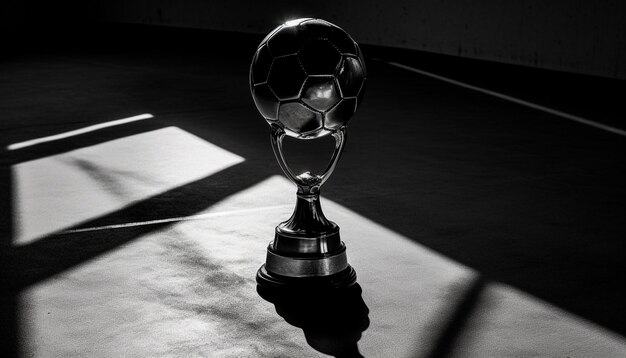 Silhouette calciare il pallone da calcio sul campo in erba retroilluminato di notte generato dall'intelligenza artificiale