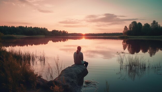 Silhouette che medita la bellezza della scena tranquilla nella natura generata dall'intelligenza artificiale