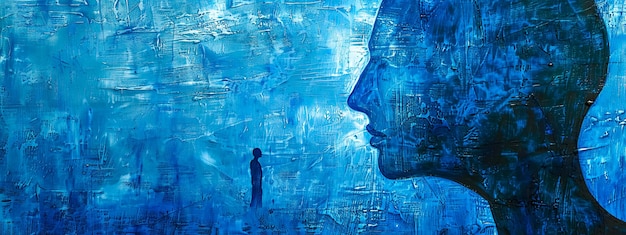 Silhouette contemplativa contro il blu astratto