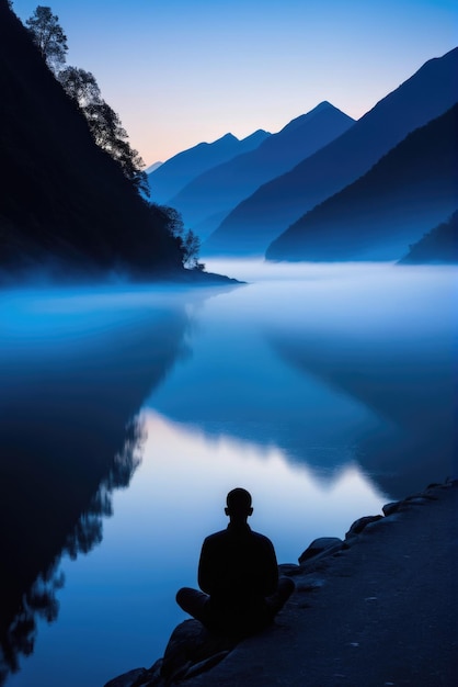 Silhouette contro montagne nebbiose e fiume figura solitaria in blu intenso